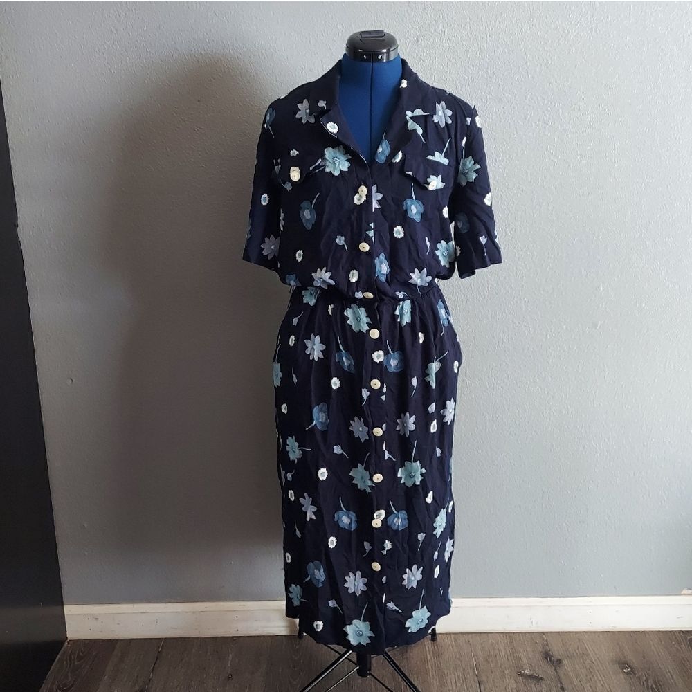 Vintage Orvis Navy Blue Floral Button Front Rayon Midi Dress Size 12